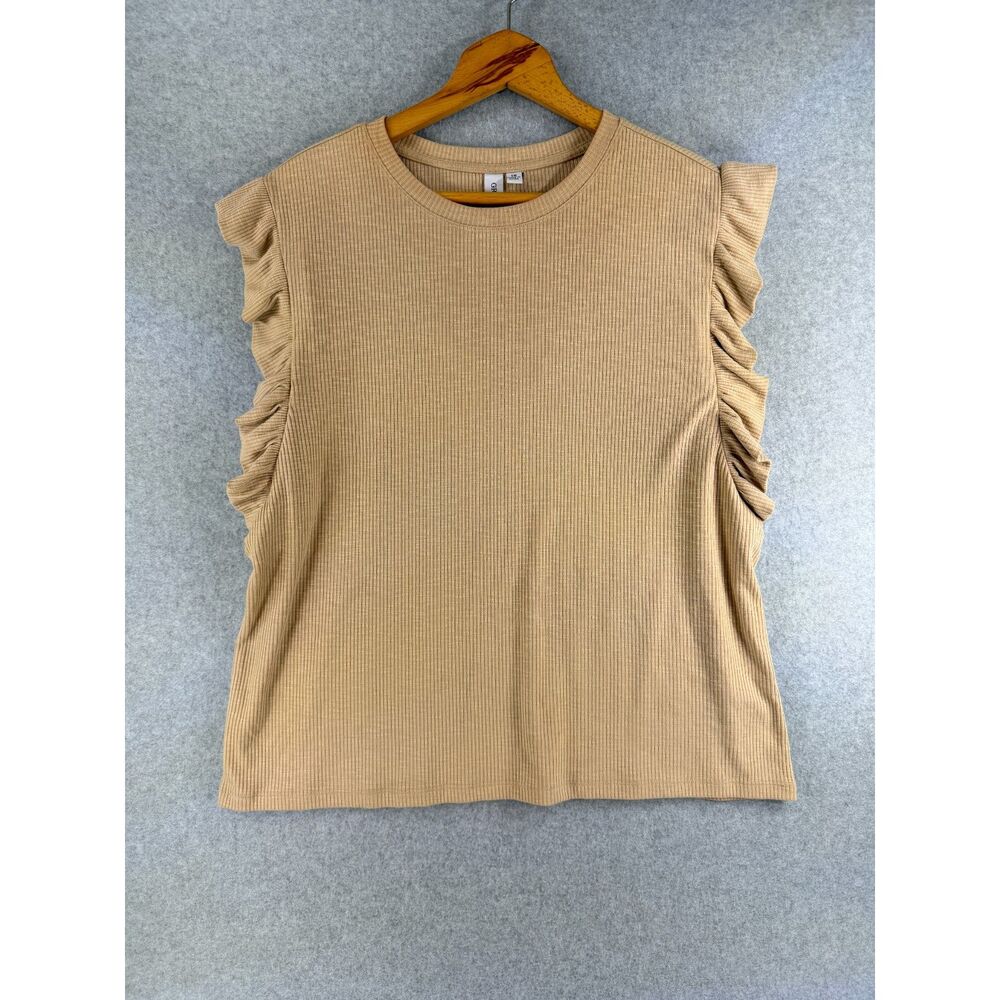 Grace + Karma Women’s 1X Tan Ribbed Ruffle Flutter Sleeve Top 3700
